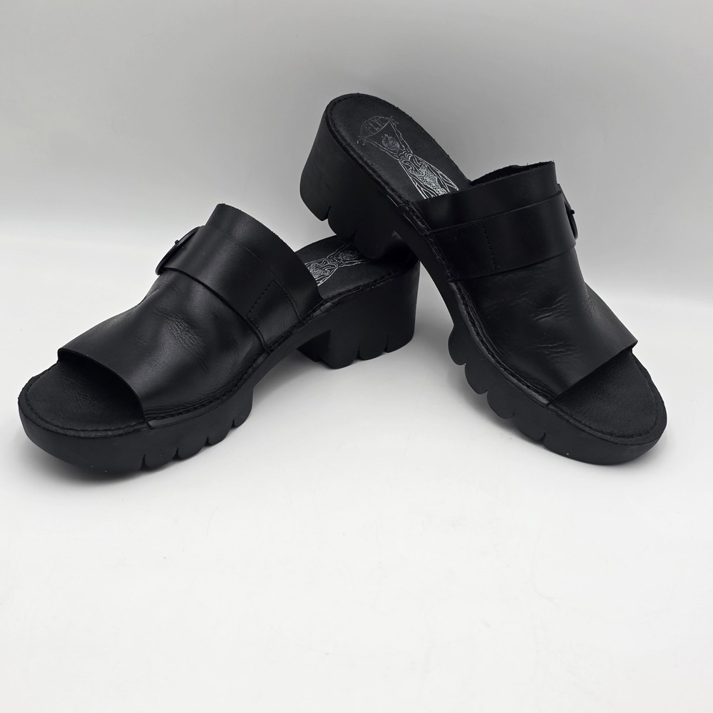 FLY LONDON Women's Size‎ 41 US 10-10.5 Black Leather Chunky Heel Platform Sandal - Picture 5 of 11